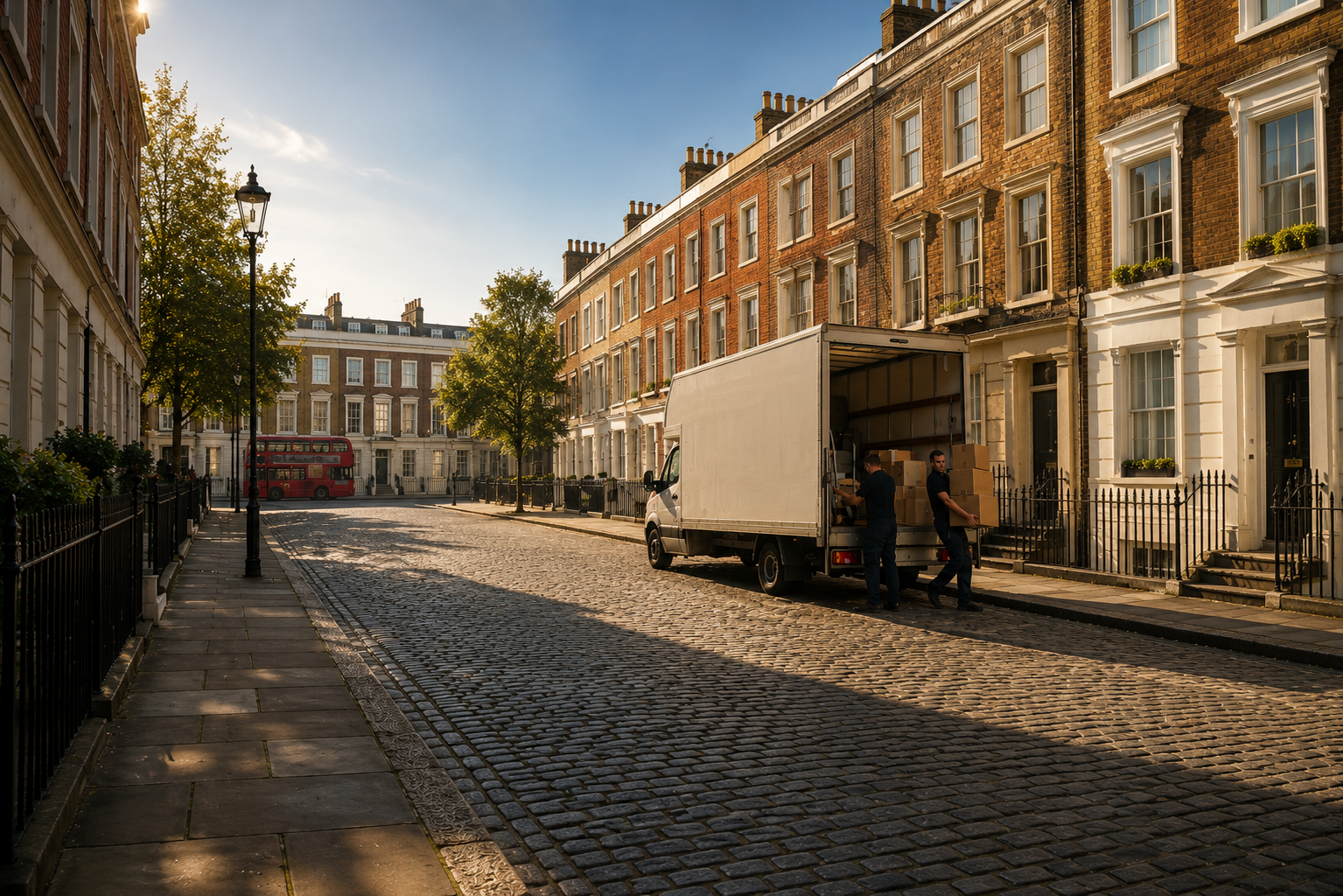 Professional removals team and van on a UK street